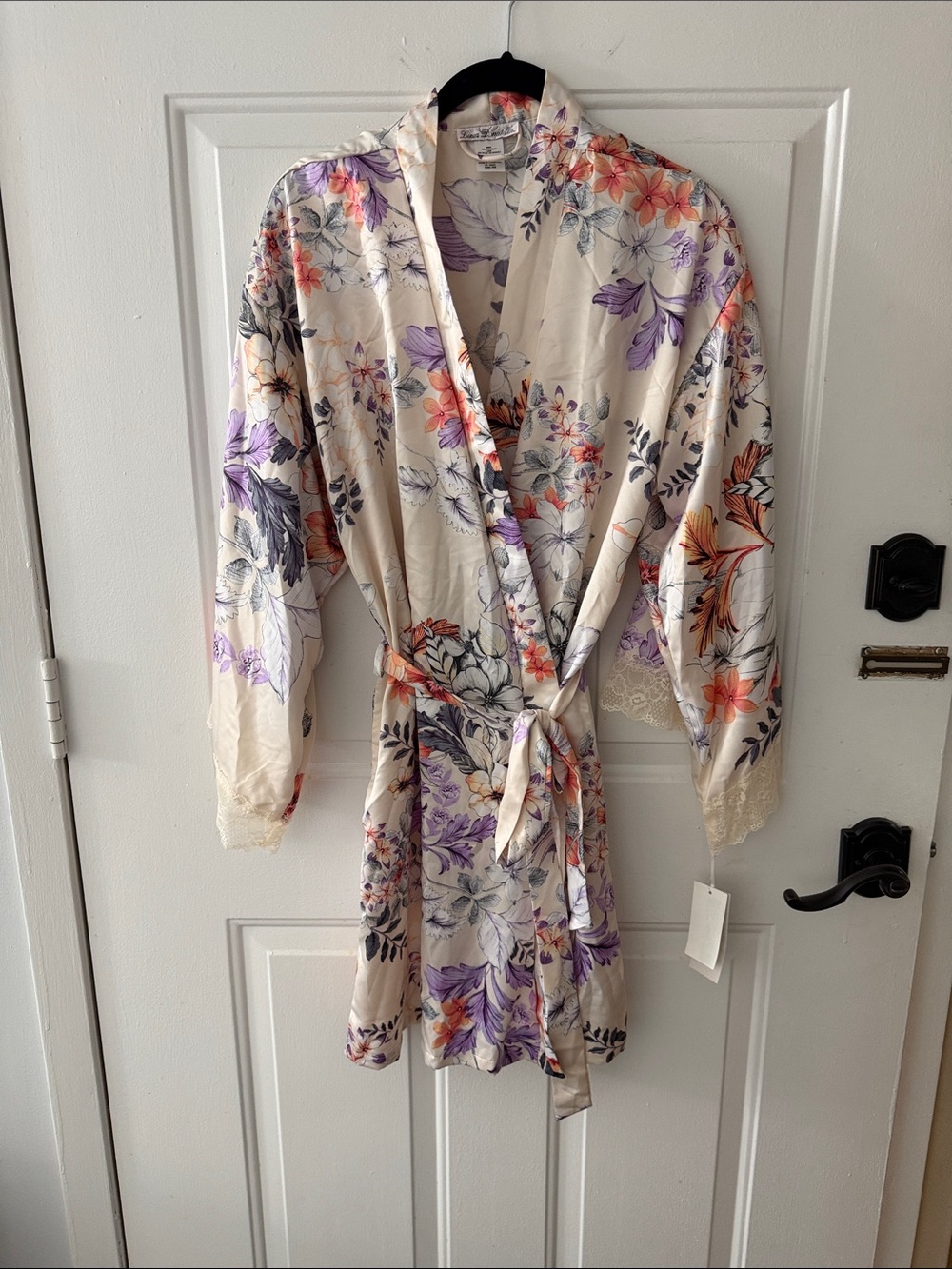 Linea Donatella Cream Floral Satin Robe with Purple & Coral Accents